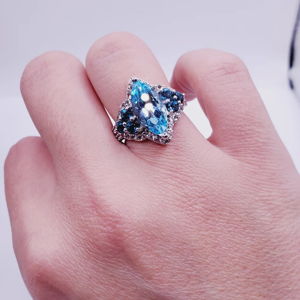 Genuine Marquise Sky, London Blue & White Topaz 925 Sterling Silver Halo Ring